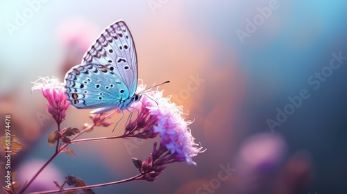  a close up of a butterfly on a flower with a blurry background of pink and purple flowers in the foreground. © Olga