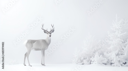  a white - tailed deer stands in front of a white background of snow - covered trees and snow - covered branches.