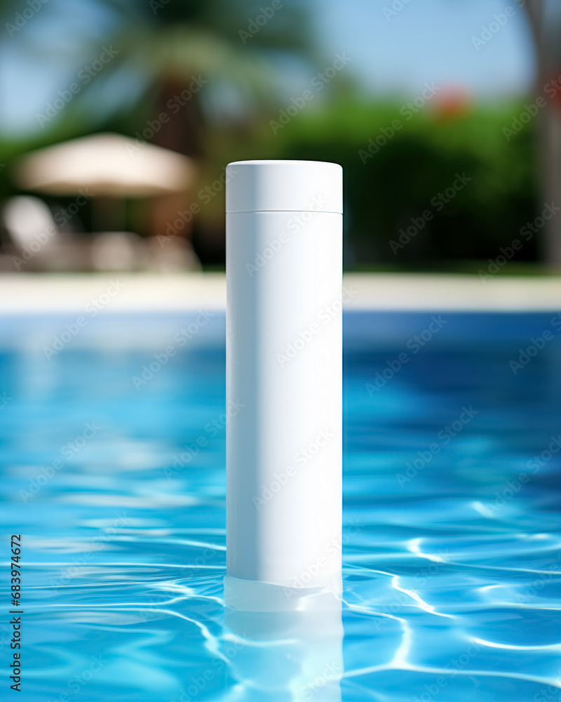 Fototapeta premium White mock up tube for skin care cosmetics in pool blue water. Template for design