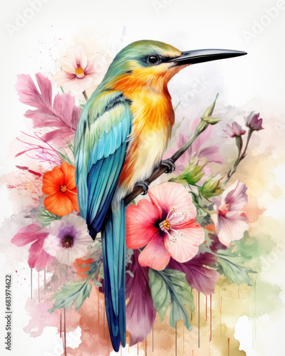 Vibrant surreal flowers surround small tropical bird, creating beautiful and colorful composition