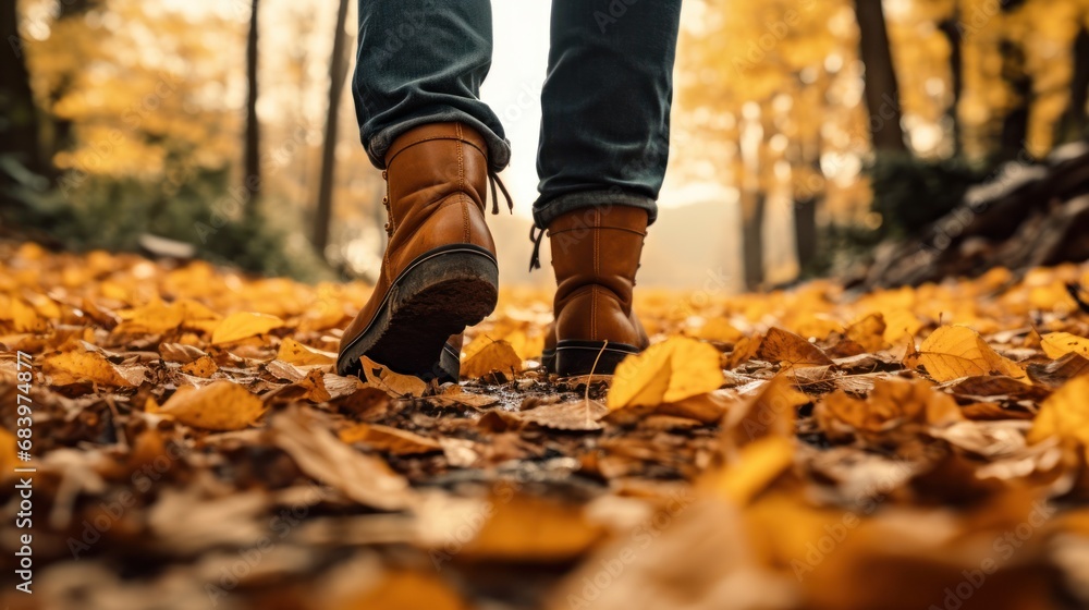 a person walking down a leaf covered path in a forest with yellow leaves on the ground and trees in the background. a person walking down a leaf covered path in a forest with yellow leaves on the ground and trees in the background.