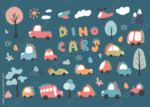 Cute Dino Cars collection, Cartoon dinosaur style transport set, vector Illustration © saint_antonio