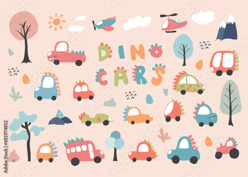 Fototapeta Naklejka Na Ścianę i Meble -  Cute Dino Cars collection, Cartoon dinosaur style transport set, vector Illustration