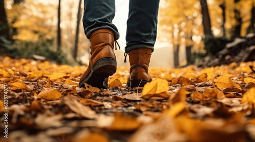  a person walking down a leaf covered path in a forest with yellow leaves on the ground and trees in the background. © Olga