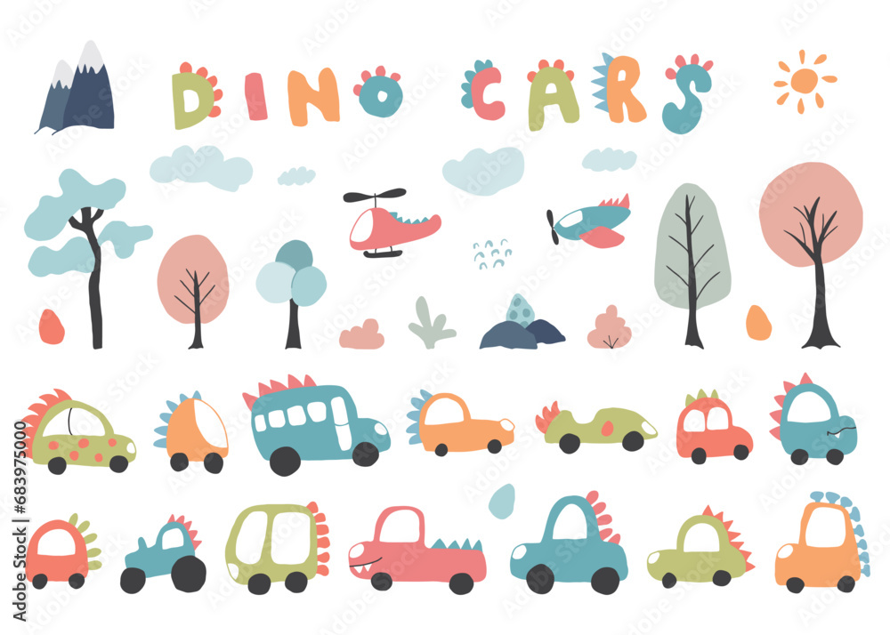 Cute Dino Cars collection, Cartoon dinosaur style transport set, vector Illustration