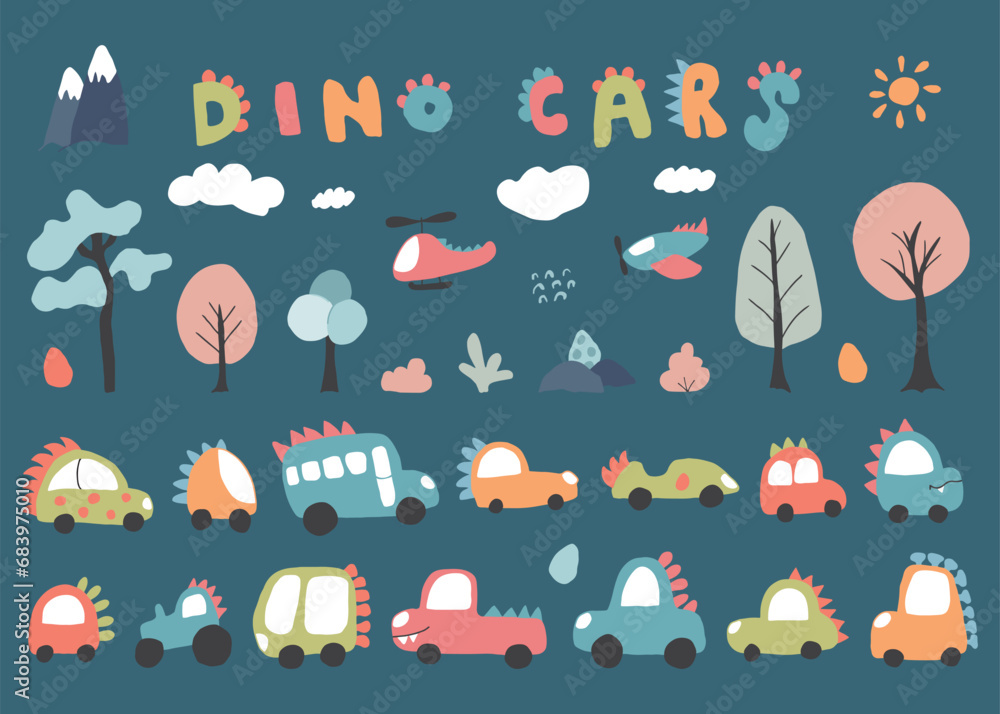 Cute Dino Cars collection, Cartoon dinosaur style transport set, vector Illustration Cute Dino Cars collection, Cartoon dinosaur style transport set, vector Illustration