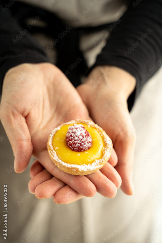 Homemade lemon pie with raspberry