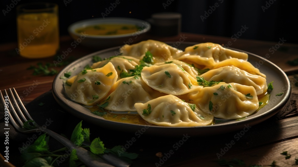 a plate of ravioli on a table with a fork and a glass of orange juice in the back ground. a plate of ravioli on a table with a fork and a glass of orange juice in the back ground.