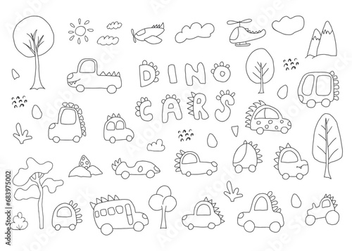 Cute Dino Cars collection  Cartoon dinosaur style transport set  vector Illustration