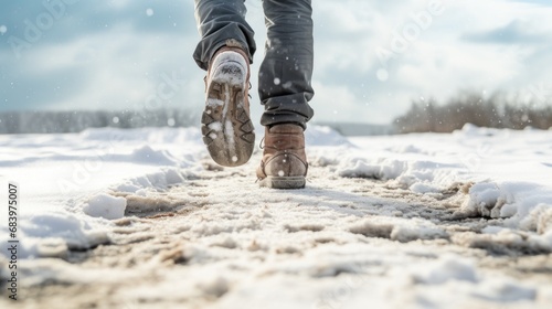  a person is walking in the snow with their feet in the air and the snow on the ground and the sky in the background. © Olga
