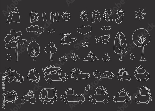 Cute Dino Cars collection  Cartoon dinosaur style transport set  vector Illustration