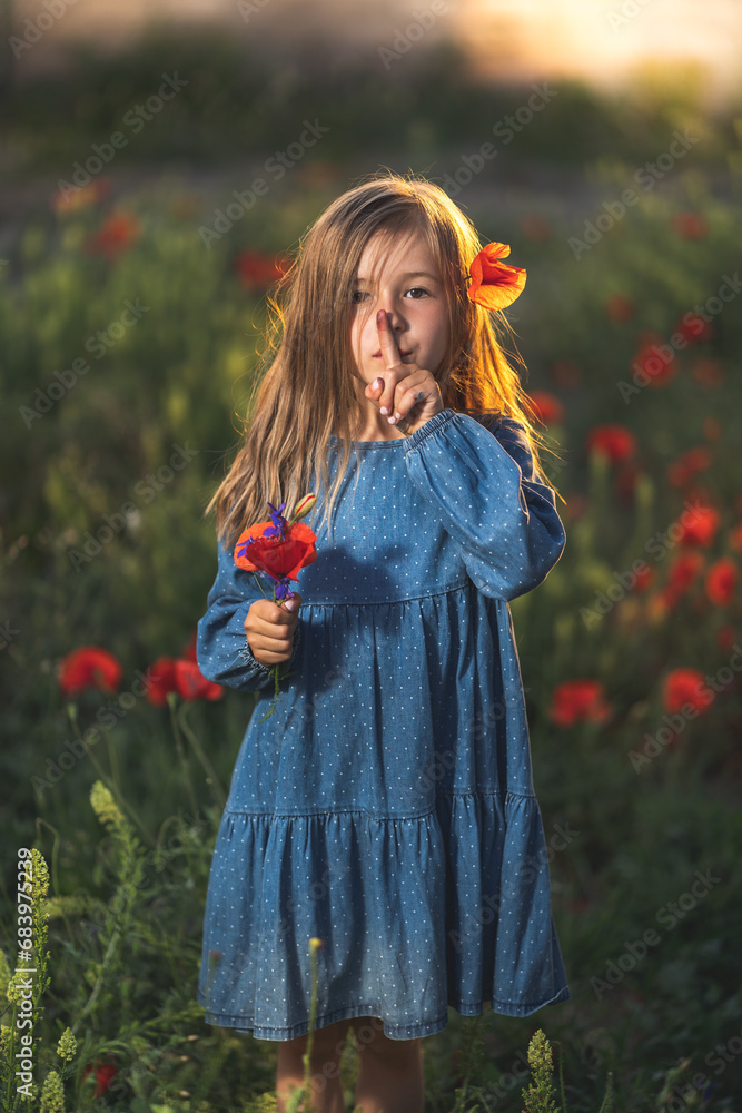 little girl in blue dress on sunset ni poppy seed red flowers green grass summer field bloom cute alone
