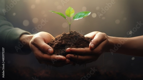  a person holding a plant in their hands with dirt on the ground and sunlight shining on the ground behind them.