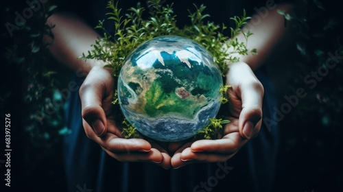  two hands holding a green globe in the palm of a person's hands with plants growing out of it.