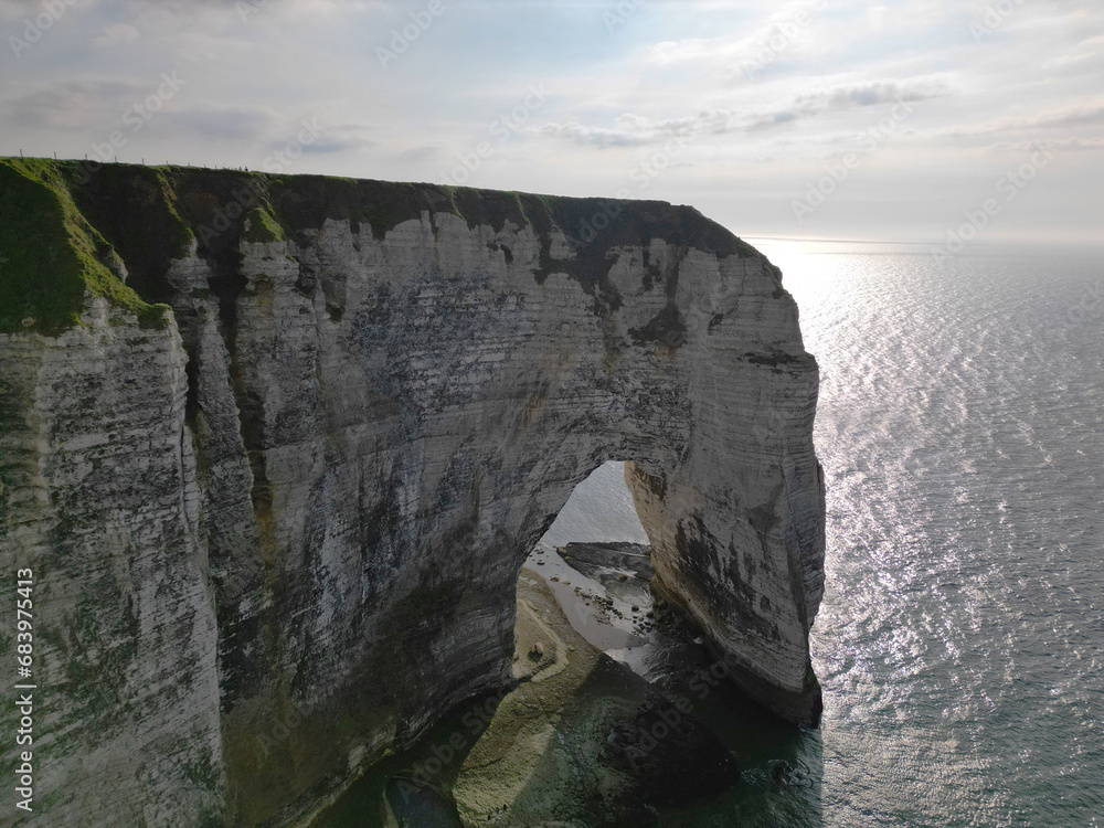 Aerial 4k drone view of Etretat. L'Aiguille, The Needle, Famous ...