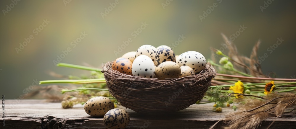 In the tranquil embrace of nature's bounty, a humble farm cultivates healthy ingredients for nourishment, capturing the closeup beauty of a quail egg, a natural and wholesome food choice for those In the tranquil embrace of nature's bounty, a humble farm cultivates healthy ingredients for nourishment, capturing the closeup beauty of a quail egg, a natural and wholesome food choice for those
