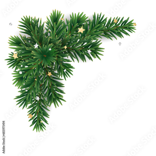 Christmas tree decoration on transparent background, vector illustration. Holiday fir tree garland, festive Christmas corner. Winter season frame, realistic spruce branch with golden confetti.