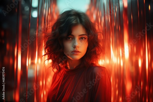 Junge Frau im Raum mit roten Lichtern: Feministische Eleganz und Selbstbewusstsein