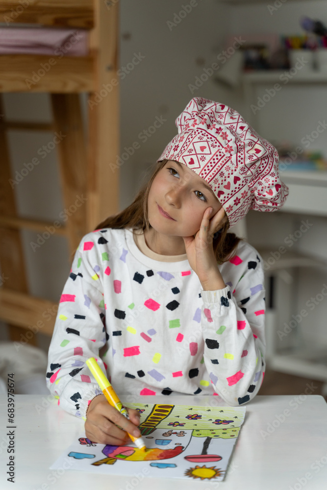 happy little girl in her play room paint dream colourfull image pottery hat