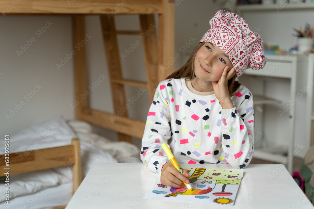 happy little girl in her play room paint dream colourfull image pottery hat