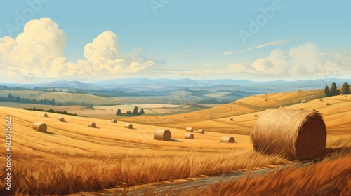  a painting of a field with hay bales in the foreground and a blue sky with clouds in the background.