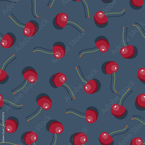 Cherry seamless pattern. Vegan organic eco fruit background. vector illustration