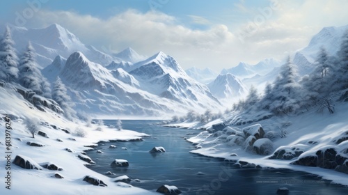  a painting of a snowy mountain landscape with a river in the foreground and snow covered mountains in the background.