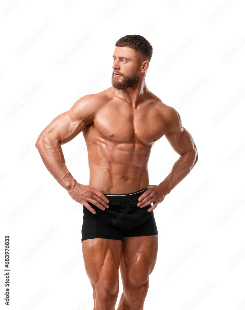 Young bodybuilder with muscular body on white background