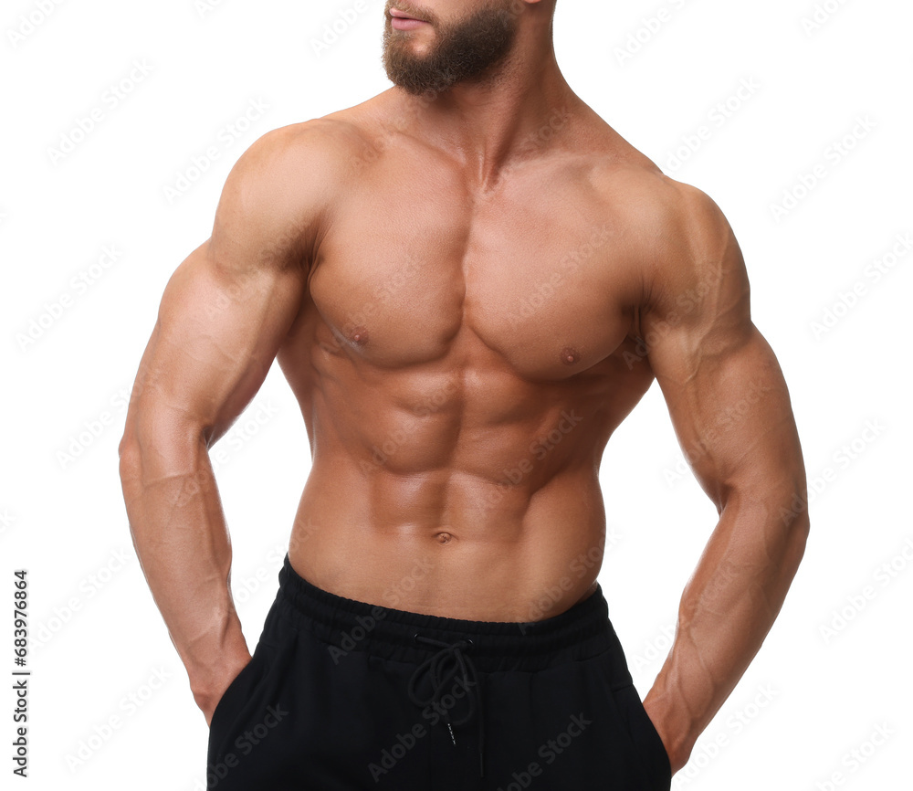 Young bodybuilder with muscular body on white background, closeup