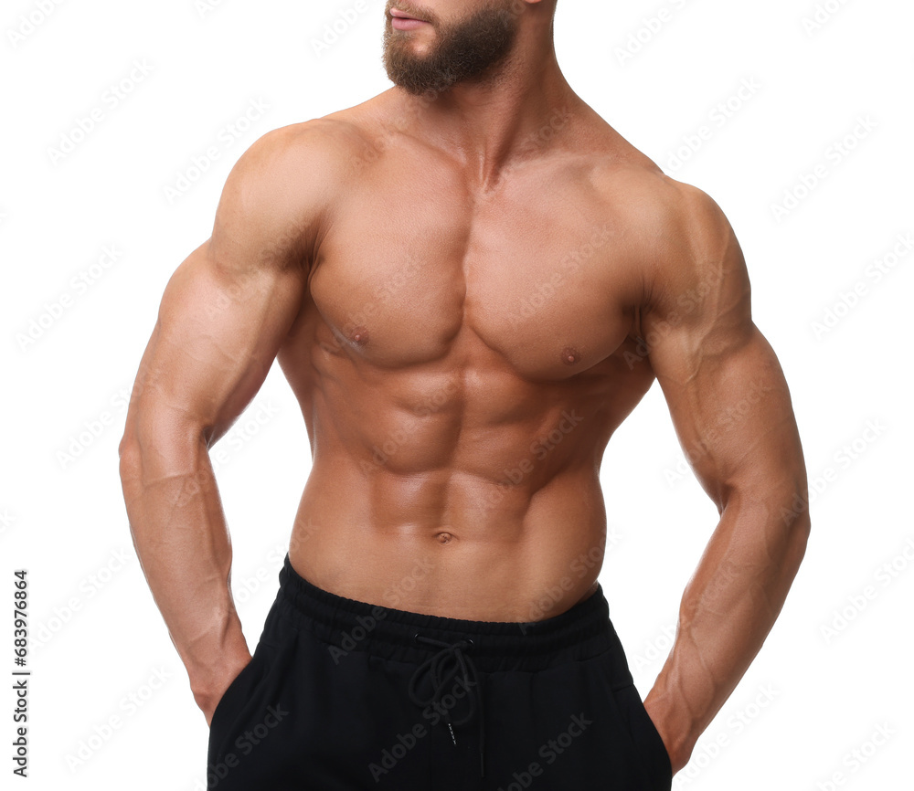 Young bodybuilder with muscular body on white background, closeup Young bodybuilder with muscular body on white background, closeup