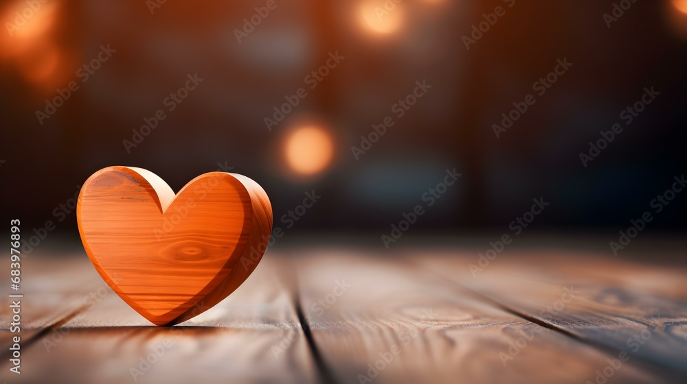 Close up of a orange Heart on a wooden Table. Blurred Background