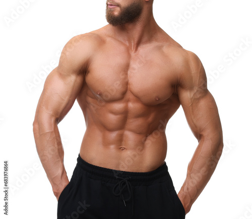 Young bodybuilder with muscular body on white background, closeup