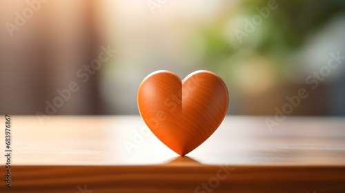 Close up of a orange Heart on a wooden Table. Blurred Background
