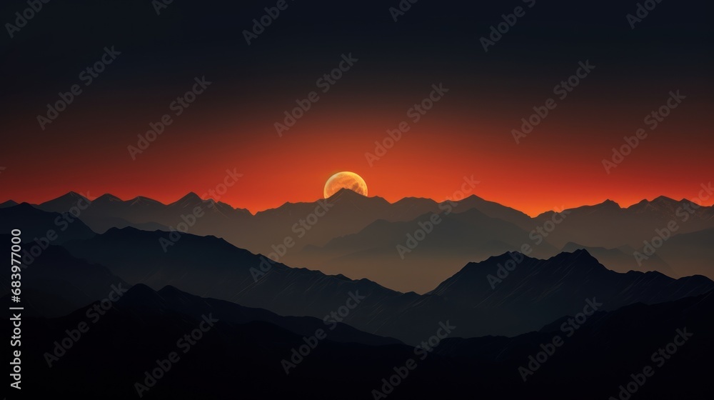  the sun setting over a mountain range with mountains in the foreground and a bird flying in the foreground.