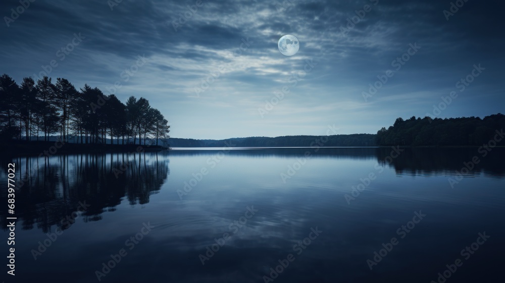  a large body of water with trees on both sides of it and a full moon in the sky above it.