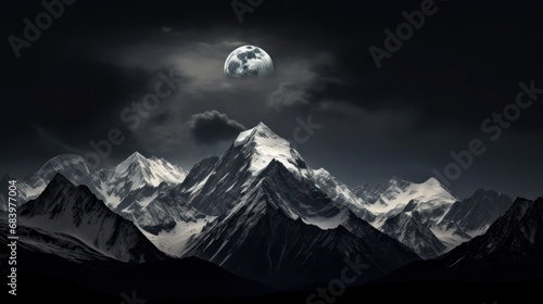  a black and white photo of a mountain range with a full moon in the sky over the top of it.