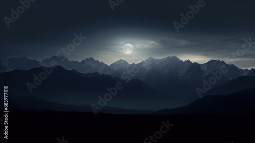  a view of a mountain range at night with the moon in the sky and the mountains in the foreground. © Olga