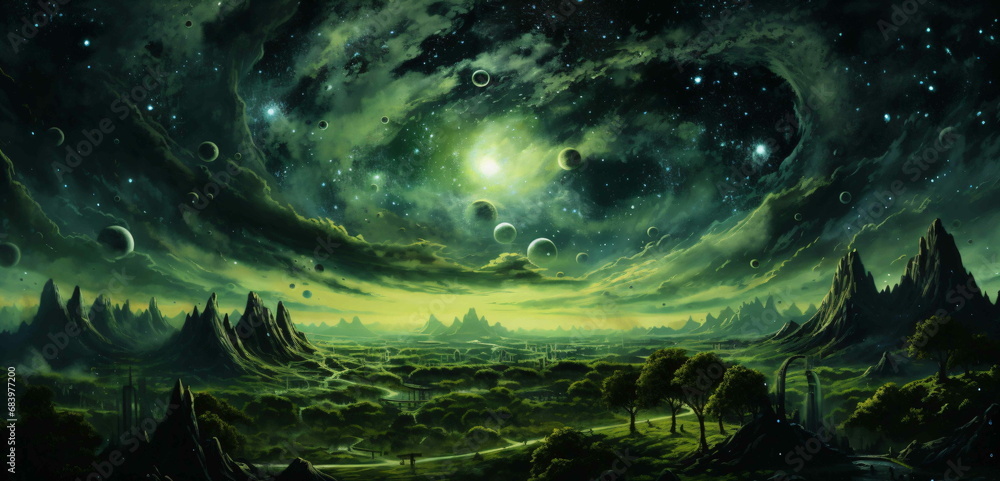 A completely green futuristic landscape with stars and planets and a green sky concept art illustration