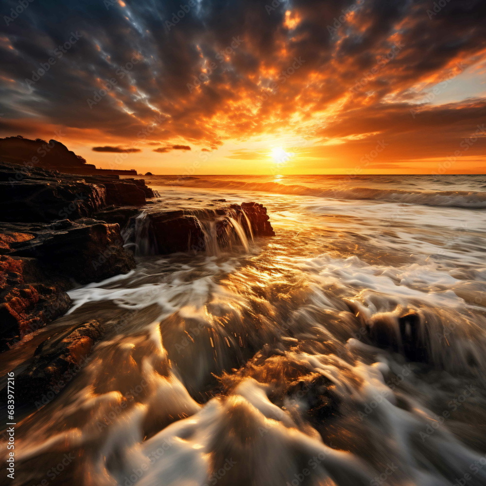 A sunset over the ocean with waves crashing on big rocks lit by sunlight