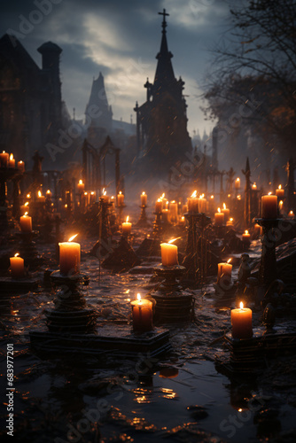 Candles burning in a graveyard at night