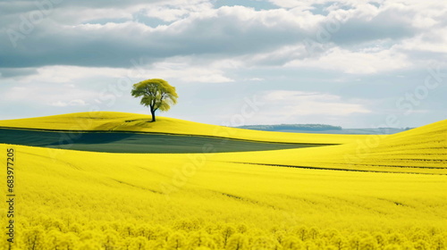 A lone tree in a field of green yellow grass