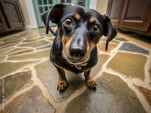 A black and brown Dachshund dog sitting on top of a tiled floor looking at the camera up close