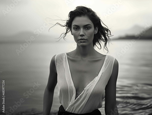 A black and white photo of a woman walking on a beach wearing a low-cut blouse photo