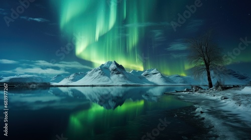  the aurora bore is reflected in the still water of a lake with snow covered mountains in the background and a lone tree in the foreground.