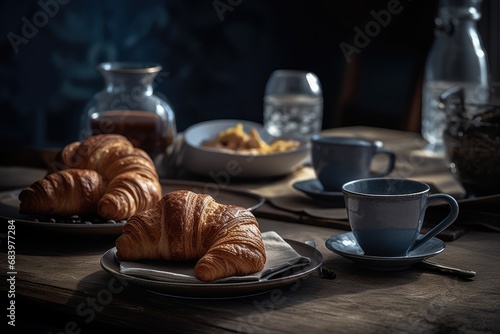 Served Breakfast Table, Morning Food with Croissant, Hot Drinks, Bread, Dessert