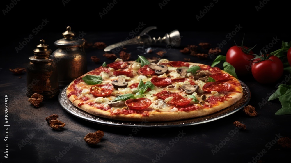  a pizza sitting on top of a metal pan covered in toppings next to a pepper shaker and tomatoes.