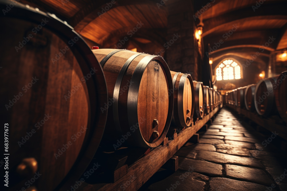 Old wooden barrels in wine cellar, dark warehouse of winery. Row of oak casks with whiskey and brandy in vintage storage. Concept of vineyard, viticulture, winemaking, restaurant