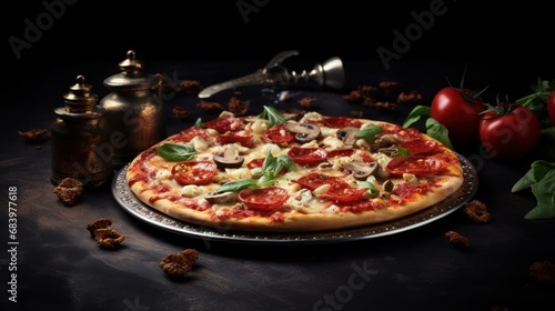  a pizza sitting on top of a metal pan covered in toppings next to a pepper shaker and tomatoes.