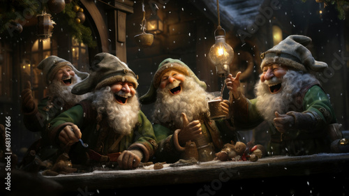 Happy elves having fun at Christmas night, helpers of Santa Claus celebrate at table in winter, funny bearded characters rejoicing. Concept of New Year, snow, illustration, nature, party photo