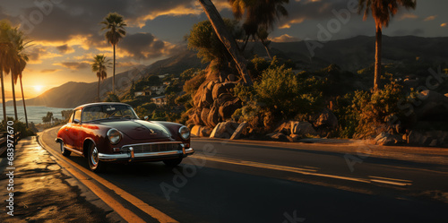 Classic vintage car is driving on a scenic coastal road in California with sea and sunset in the background and palms lining the road. Generative Ai photo